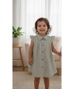 Dress Anak Perempuan ATAYYA – Dress Poplin Motif Salur Lengan Pendek Kancing Aktif Usia 1–10 Tahun