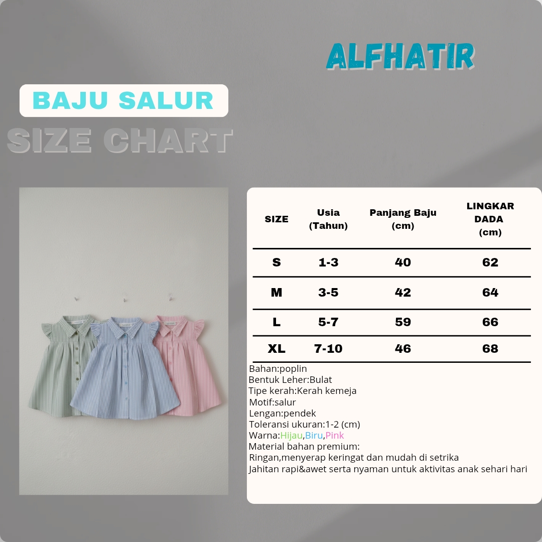 Dress Anak Perempuan ATAYYA – Dress Poplin Motif Salur Lengan Pendek Kancing Aktif Usia 1–10 Tahun - Image 3